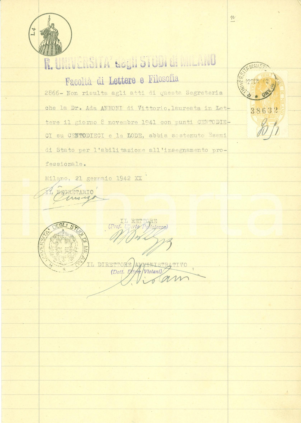 Autografo originale 1942 MILANO Ada ANNONI non può insegnare Uberto PESTALOZZA Autografo Documento 1