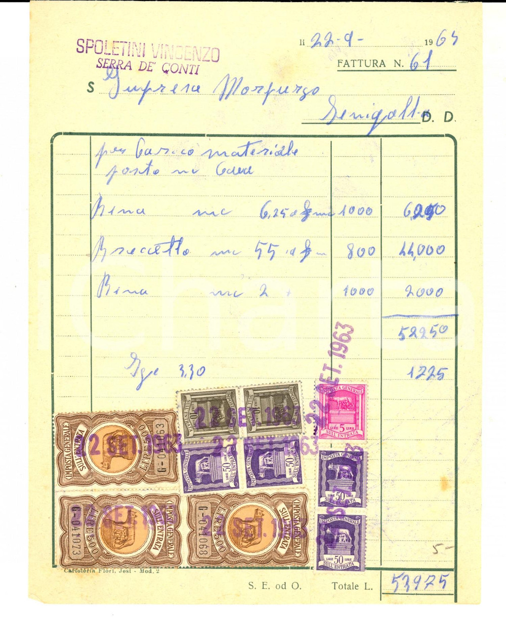 Documento originale, autentico 1965 SERRA DE  CONTI Ditta Vincenzo SPOLETINI Fattura per rena Bolli 1