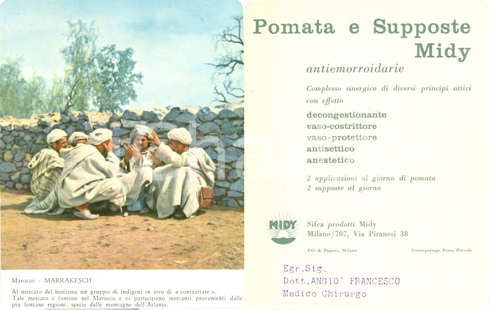 Materiale pubblicitario d’epoca 1960 circa MILANO Pomata e supposte SIFCA MIDY Illustrato Mercato MARRAKECH 1
