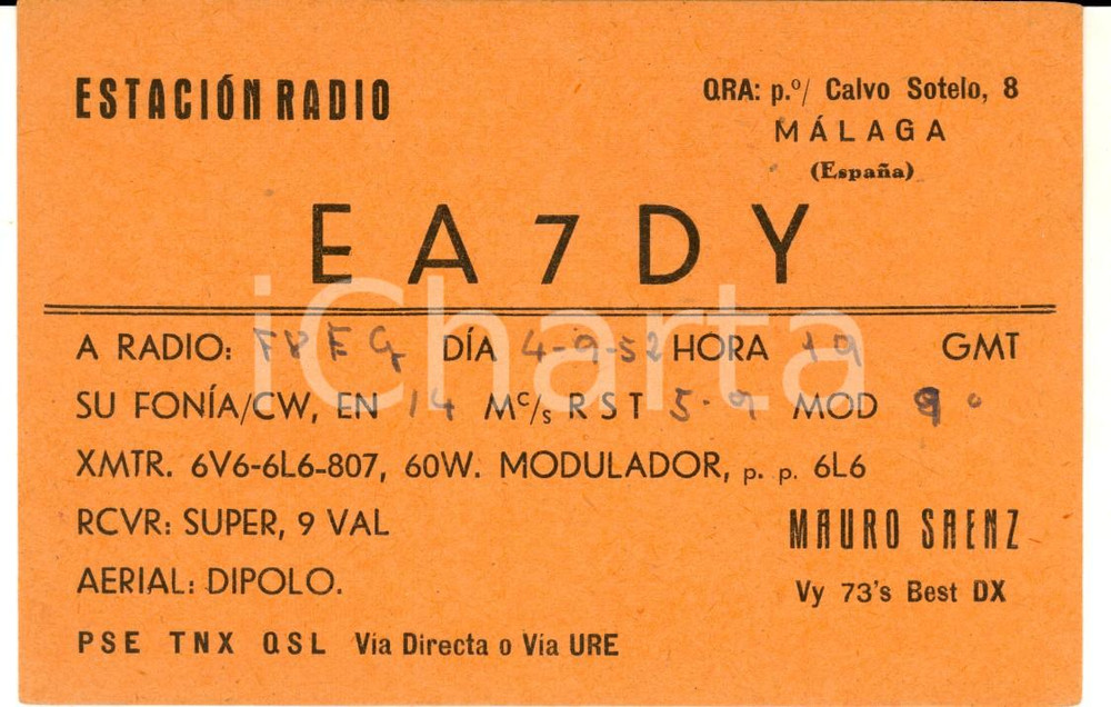 Cartolina originale da collezione 1952 MALAGA ES Estacion radio EA7DY Mauro SAENZ Cartoncino pubblicitario 1