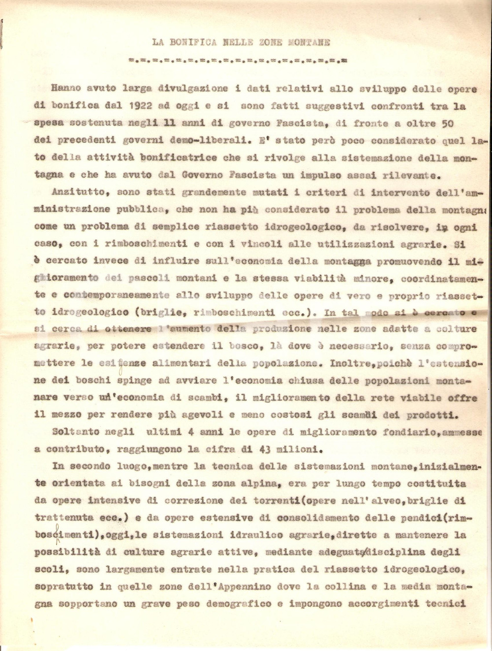 Documento originale, autentico 1934 MILIZIA FORESTALE La bonifica nelle zone montane Bozza di articolo 1
