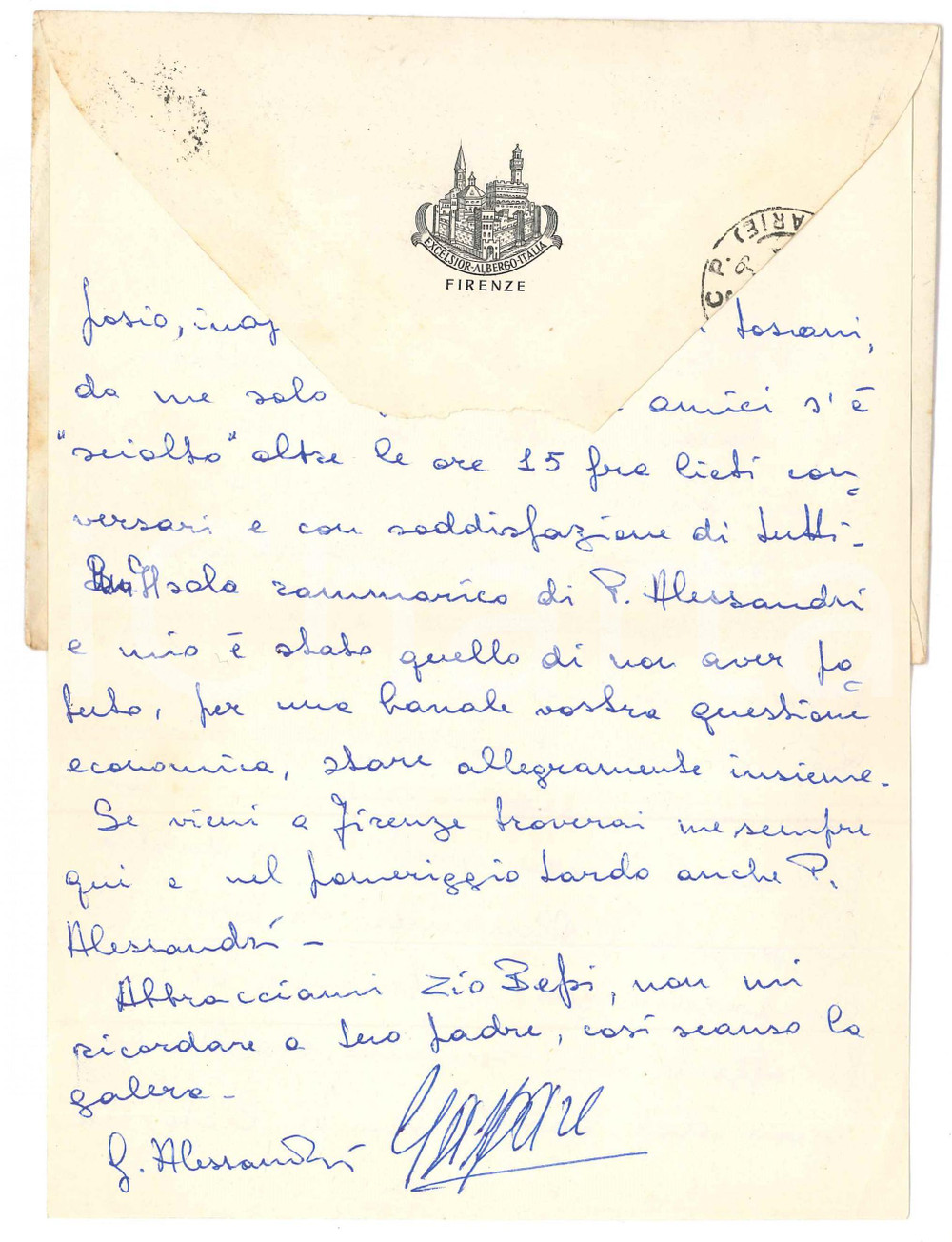 Autografo originale 1957 FIRENZE Lettera Giovanni ALESSANDRI  Libraio Gaspare CASELLA  Autografi 1