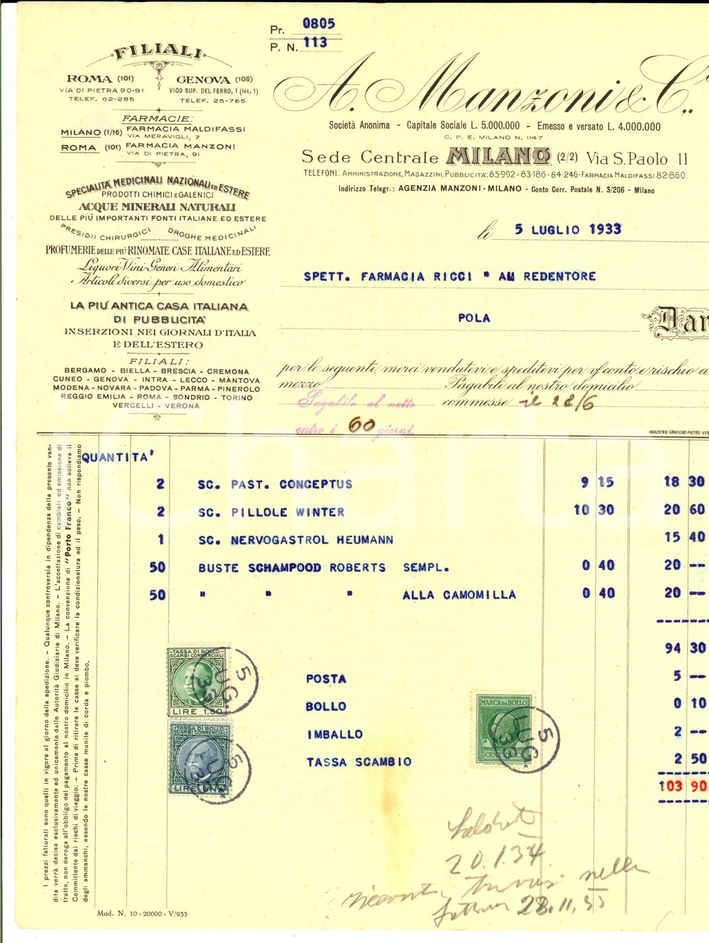 Documento originale, autentico 1933 MILANO Ditta A. MANZONI Medicinali profumerie Fattura per pillole 1