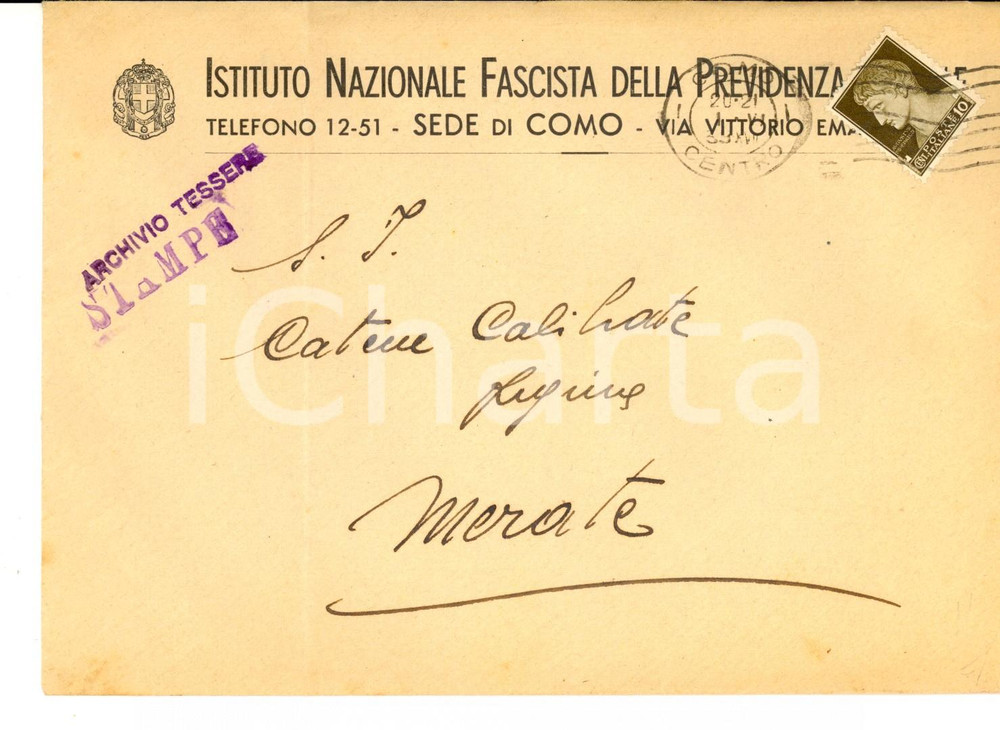 Documento originale, autentico 1933 STORIA POSTALE COMO Istituto Nazionale Fascista Previdenza Sociale *Busta 1