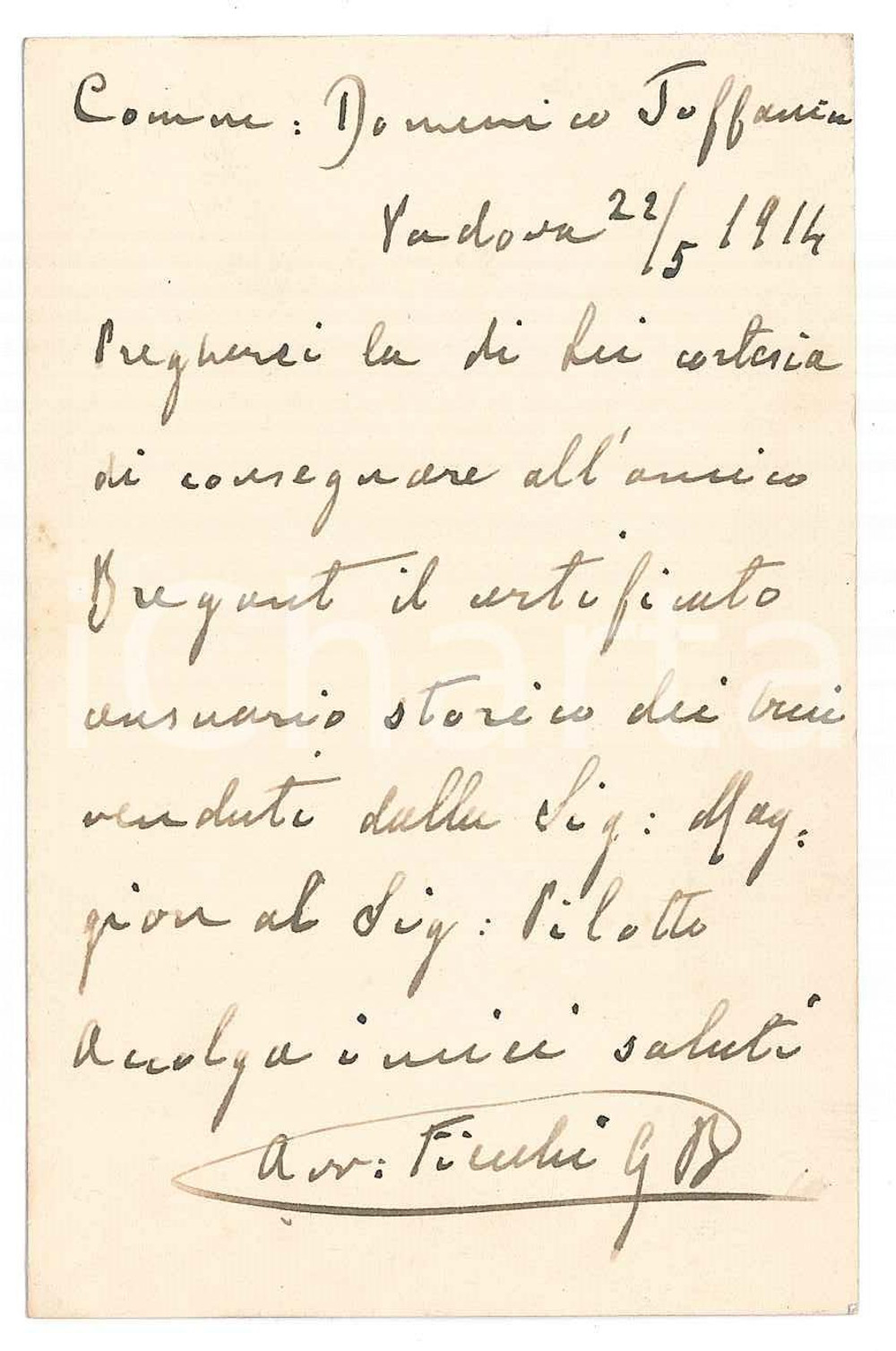 Oggetto da collezione cartaceo 1914  PADOVA Avv. Giambattista FIECCHI  Biglietto da visita AUTOGRAFO 1