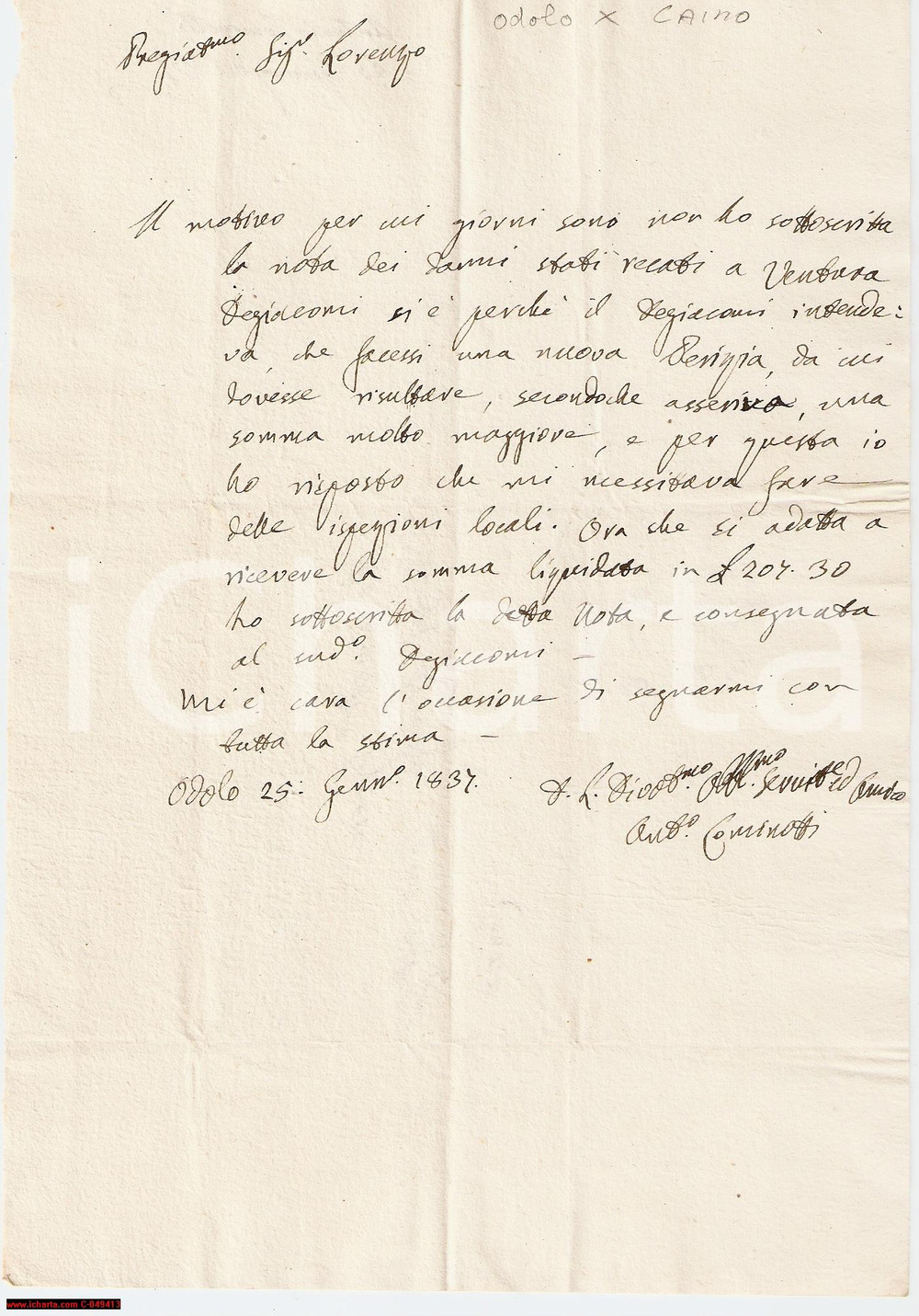 Documento originale, autentico 1837 CAINO ODOLO (BS) Danni a Ventura Degiacomi 1