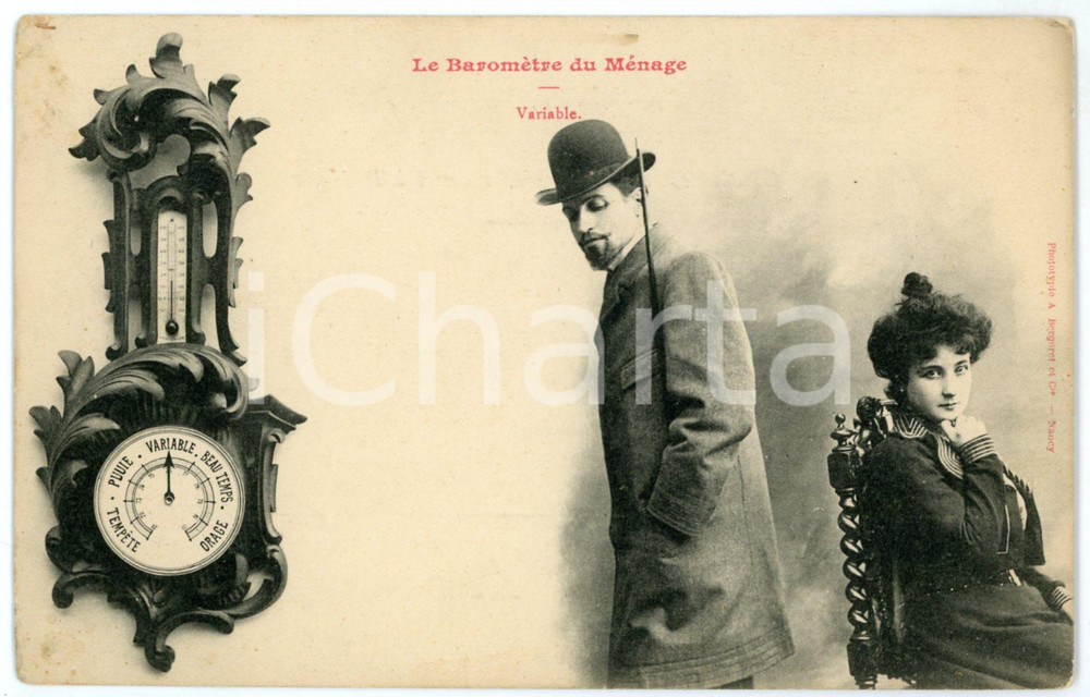 Cartolina originale da collezione 1900 ca FRANCE HUMOUR  Le BaromÃ¨tre du MÃ©nage  Variable Postcard A. BERGERET 1