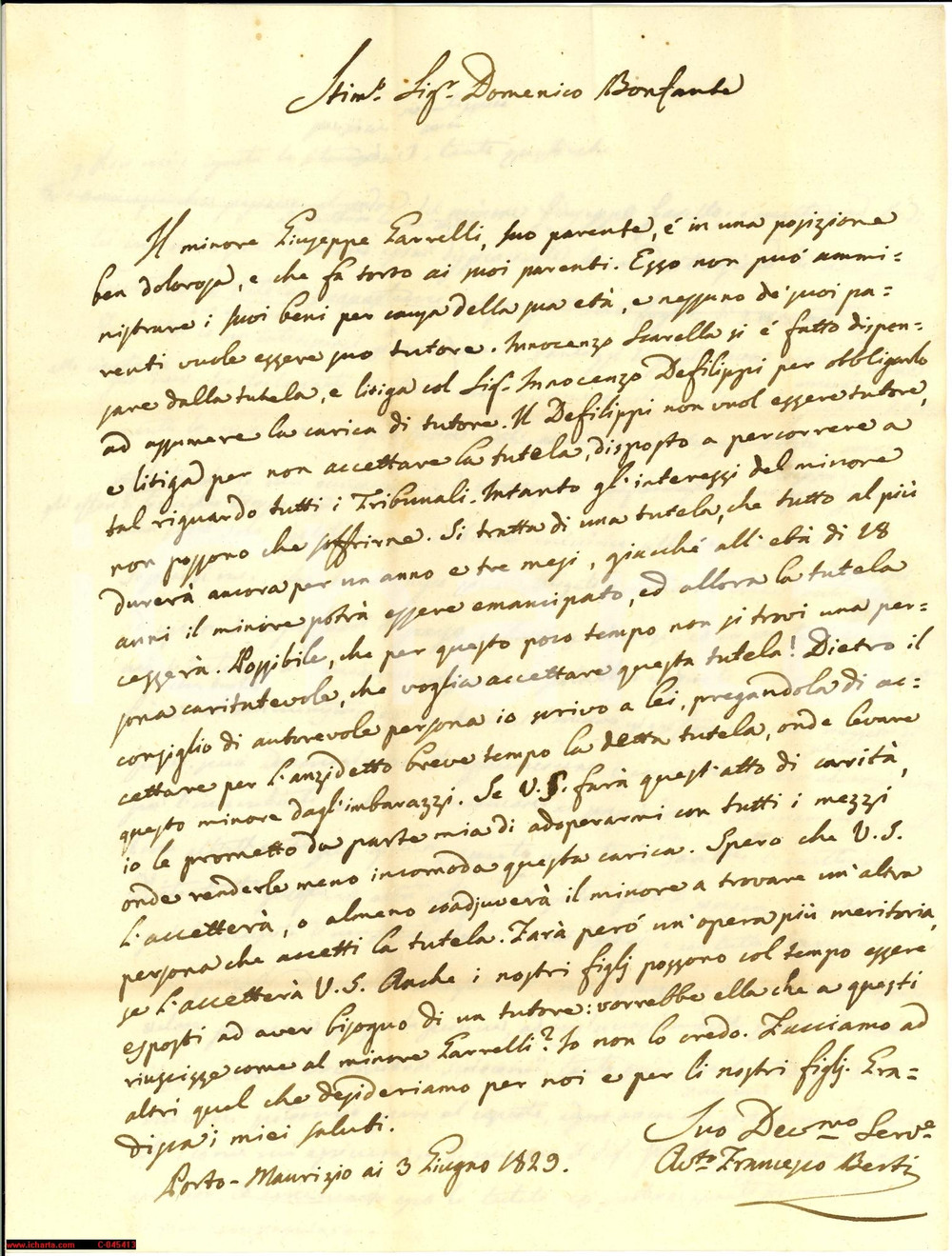 Manoscritto, lettera originale 1829 PORTO MAURIZIO (IM) minore abbandonato dai parenti 1