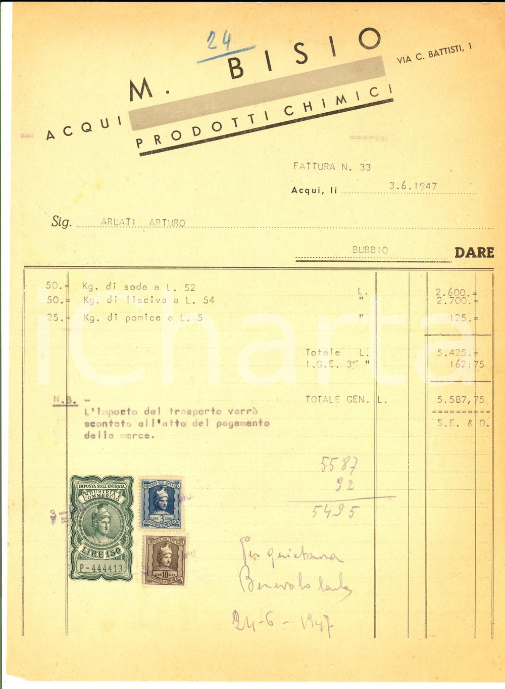 Documento originale, autentico 1947 ACQUI TERME AL M. BISIO Prodotti chimici Fattura intestata 1
