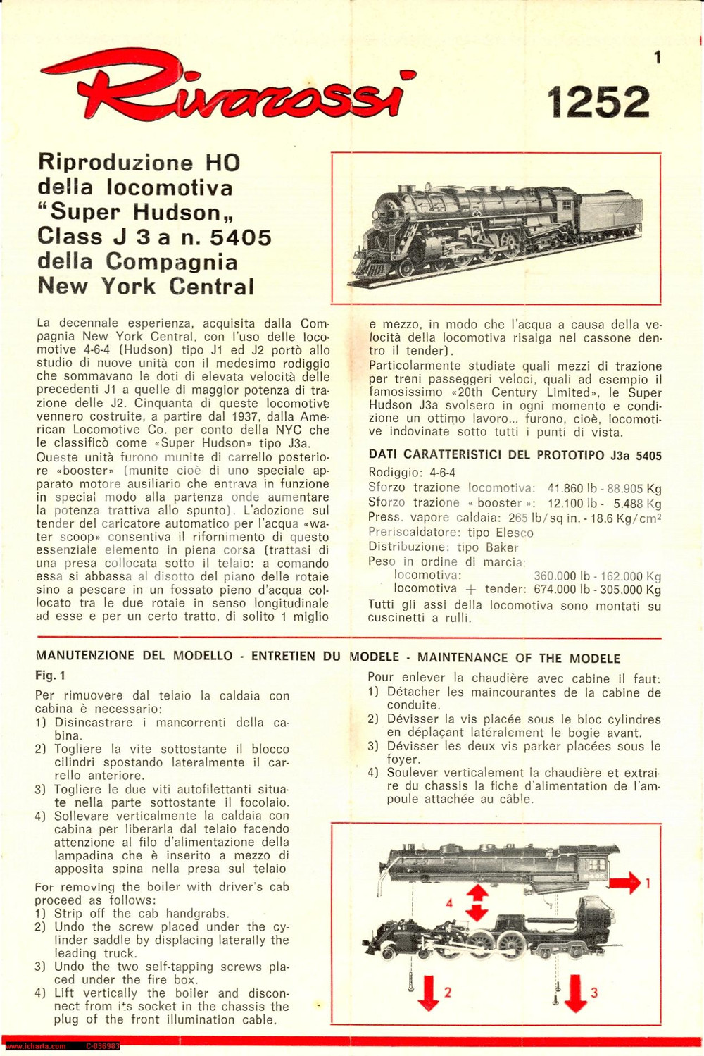 Materiale pubblicitario d’epoca 1969 COMO Treni RIVAROSSI Istruzioni modello 1252 - Locomotiva SUPER HUDSON 1