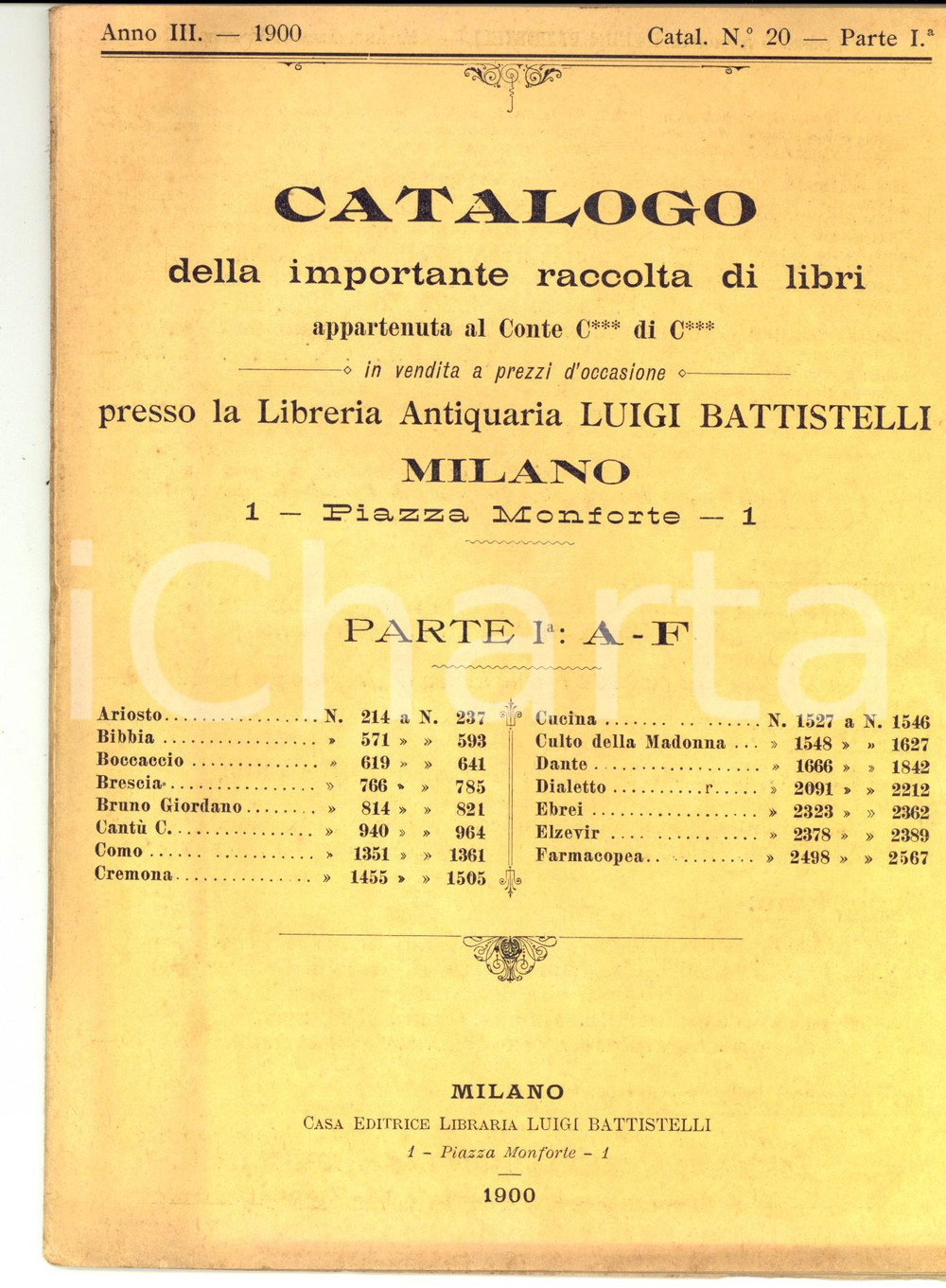 Libro, pubblicazione d epoca 1900 MILANO Catalogo Luigi BATTISTELLI  Libri Conte C di C parte 1 1