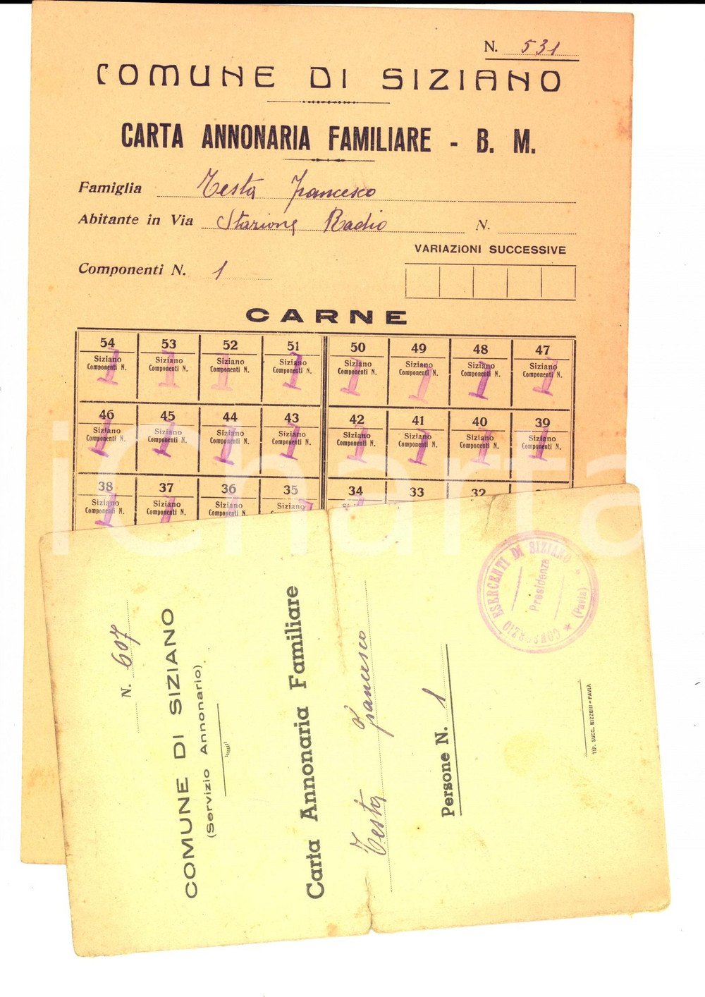 Documento originale, autentico 1942 SIZIANO PV Carta annonaria familiare per la carne Francesco TESTA 1