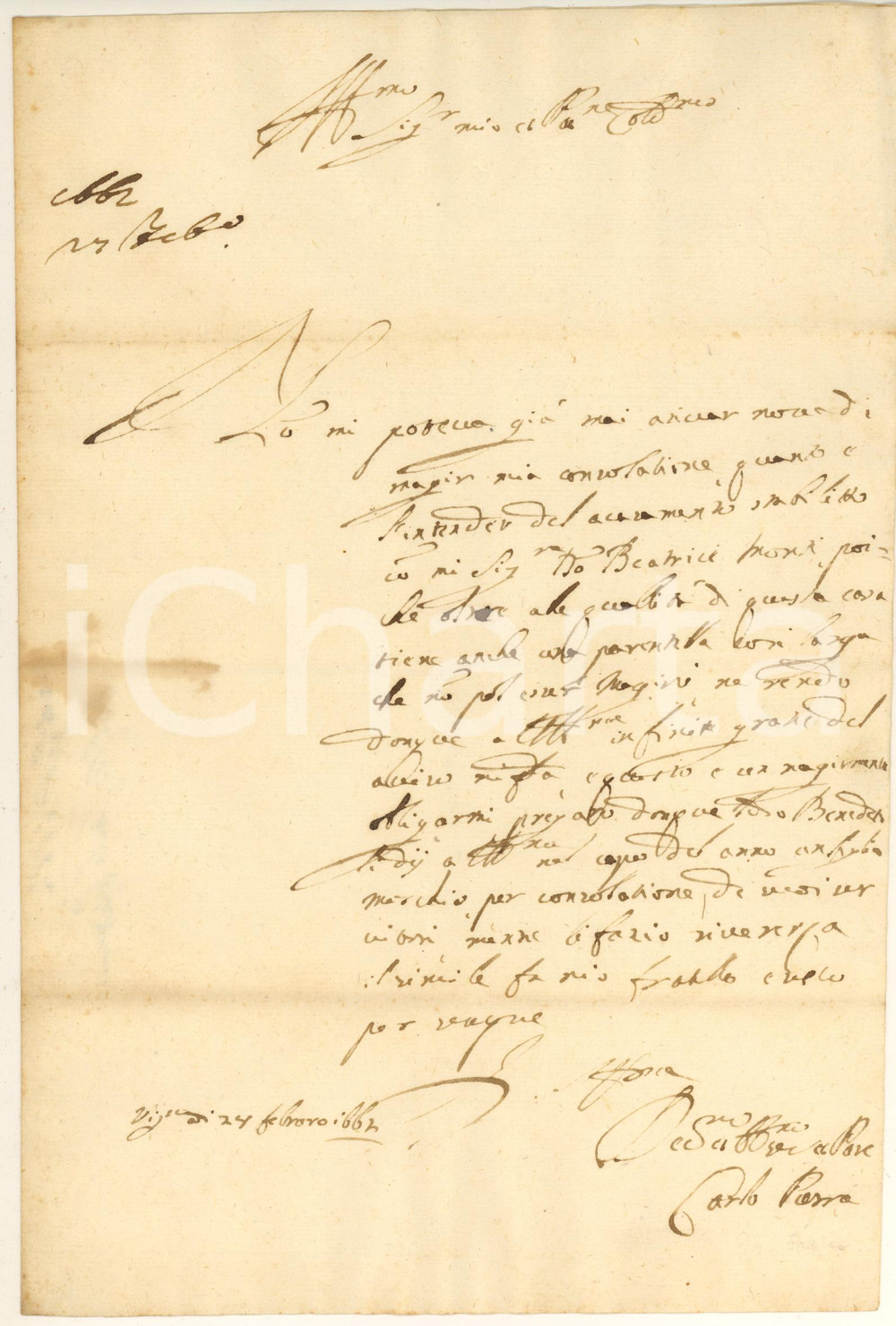 Autografo originale 1662 VIGEVANO Felicitazioni conte Carlo PORRO per nozze Beatrice MONTI 1