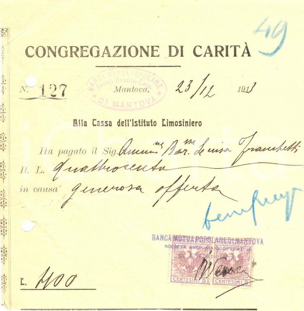 Documento originale, autentico 1913 MANTOVA Congregazione di Carità  Offerta baronessa Luisa FRANCHETTI 1