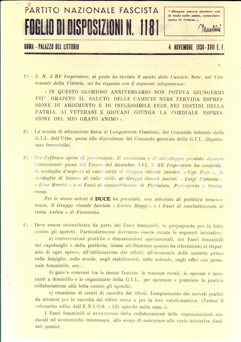 Documento originale, autentico 1938 PNF ROMA Medaglie valor civile - Piena del TEVERE *Foglio disposizioni 1181 1