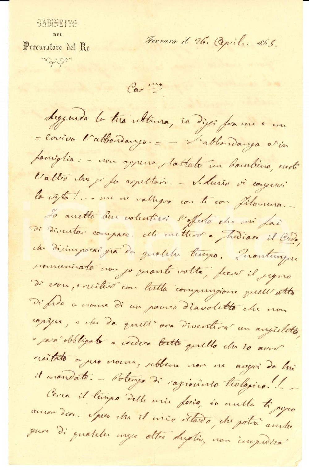 Manoscritto, lettera originale 1865 FERRARA Avv. Cesare BONFANTE scomunicato battezza il nipote Autografo 1