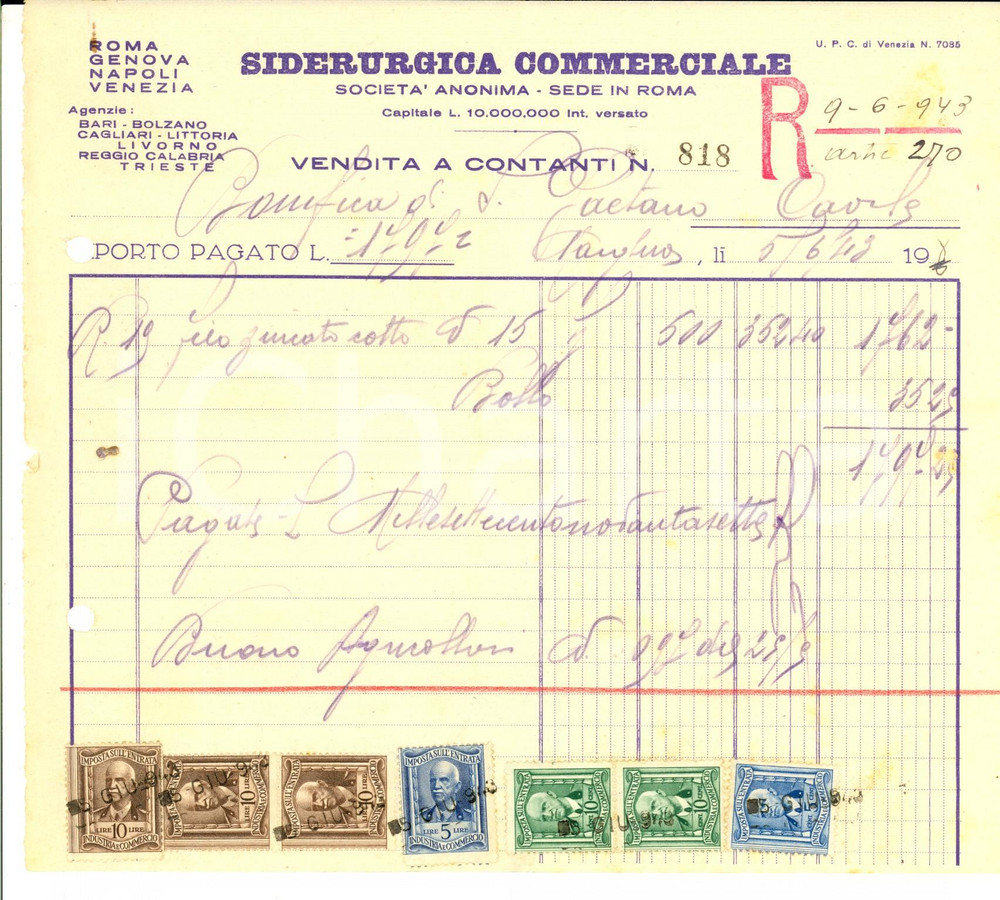 Documento originale, autentico 1943 VENEZIA MARGHERA Vendita a contanti  SIDERURGICA COMMERCIALE 1