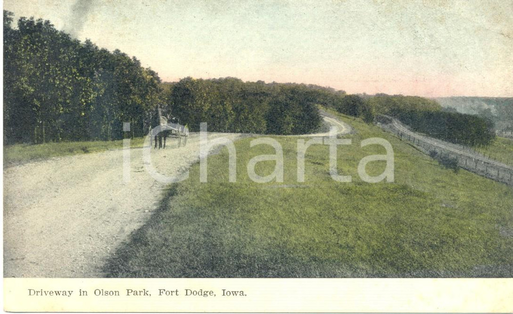 Cartolina originale da collezione 1920 ca FORT DODGE IOWA USA Calesse lungo OLSON PARK Cartolina FP NV 1