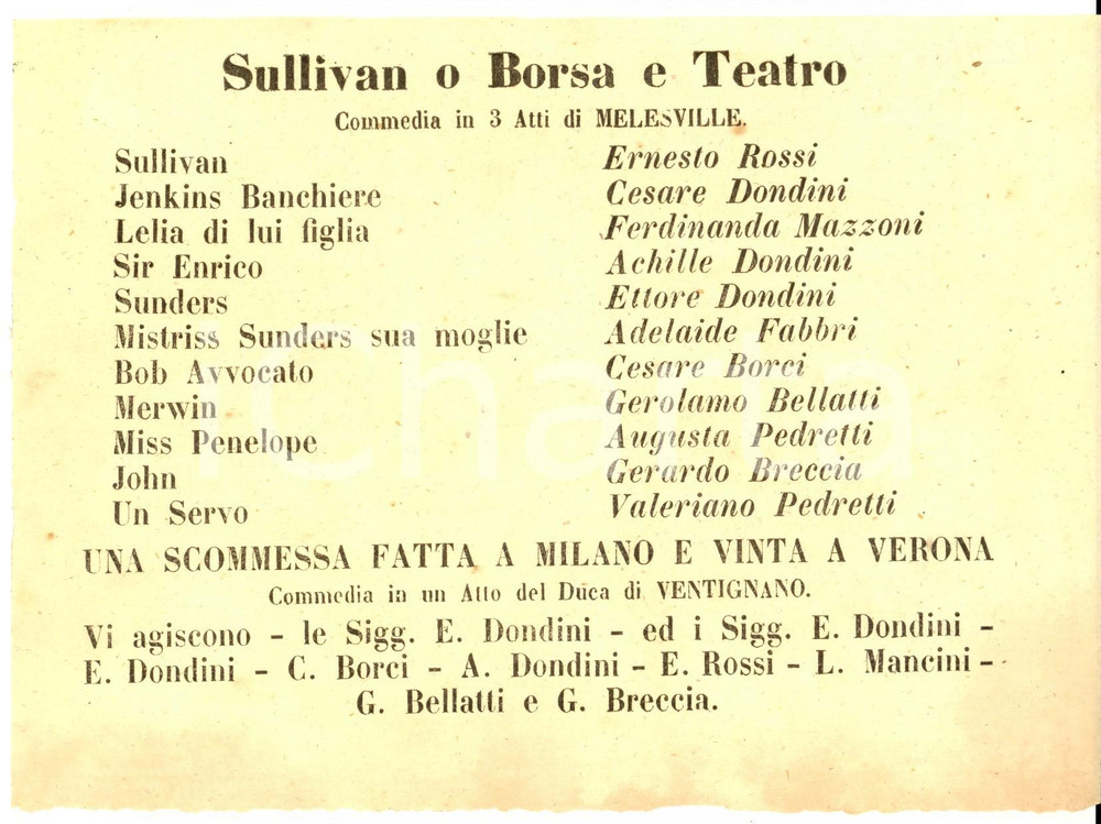 Materiale pubblicitario d’epoca 1862 FIRENZE TEATRO NICCOLINI Sullivan  Scommessa fatta a Milano Locandina 1
