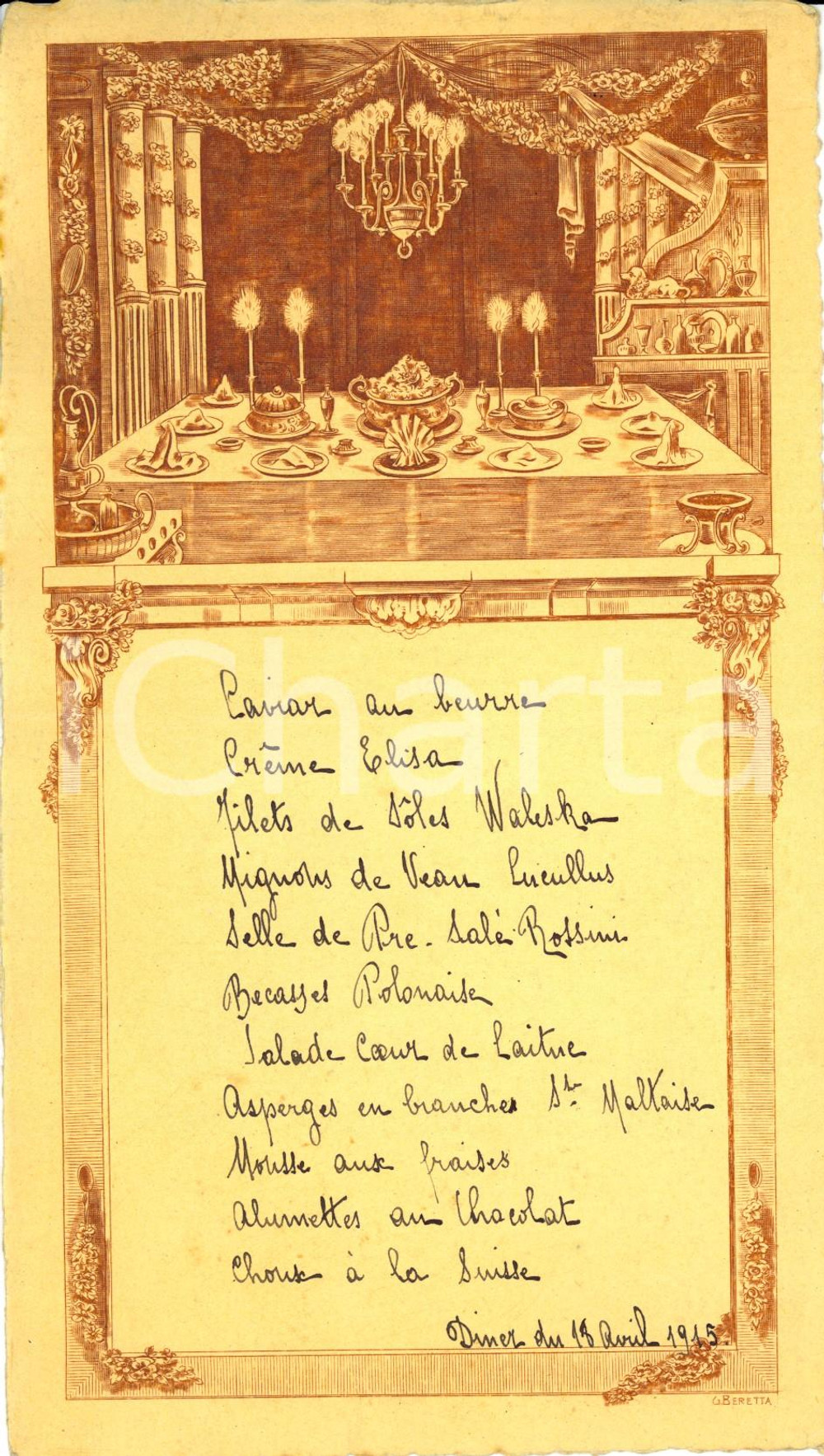 Oggetto da collezione cartaceo 1915 FRANCE Banchetto per cena di gala MenÃ¹ ILLUSTRATO con incisione a stampa 1