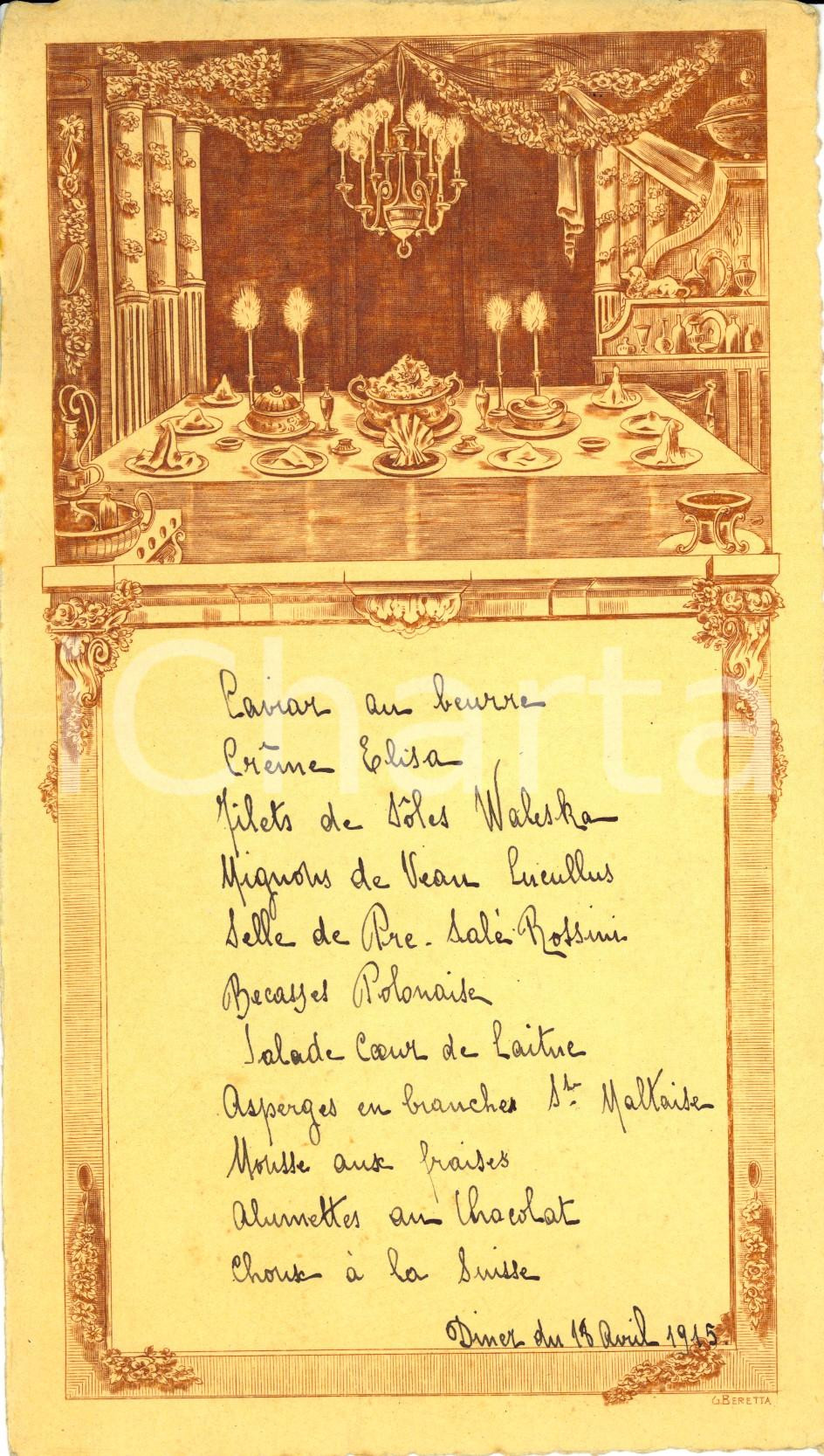 Oggetto da collezione cartaceo 1915 FRANCE Banchetto per cena di gala Menù ILLUSTRATO con incisione a stampa 1