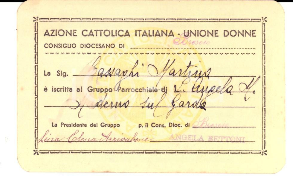 Oggetto da collezione cartaceo 1935 BRESCIA AZIONE CATTOLICA Unione Donne Tessera Lina Elena ARRIVABENE 1
