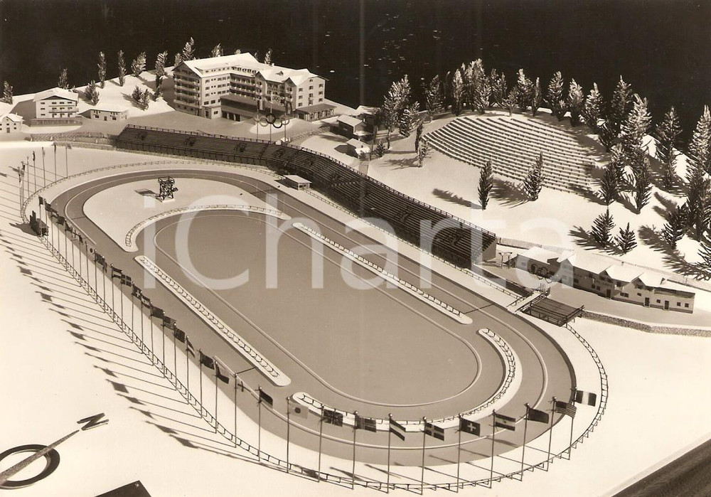 Cartolina originale da collezione 1955 ca MISURINA BL Plastico ANELLO OLIMPIONICO Pattinaggio velocità CARTOLINA 1