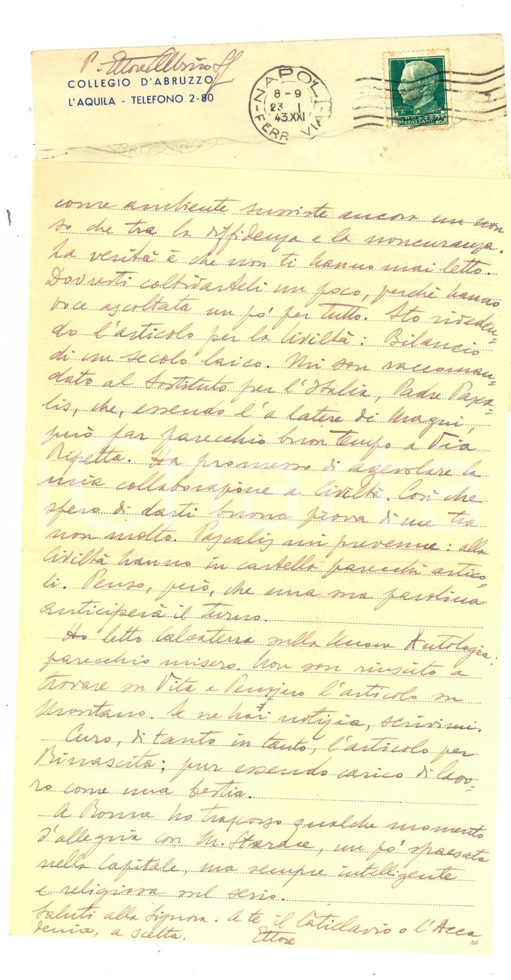 Autografo originale 1943 L AQUILA Padre Ettore ALBINO prepara nuovi articoli letterari Autografo 1