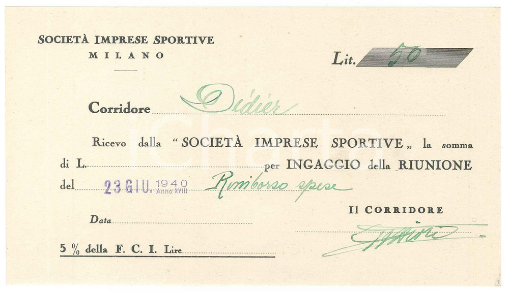 Autografo originale 1940 CICLISMO MILANO Ricevuta Christophe DIDIER ingaggio Vigorelli  AUTOGRAFO 1