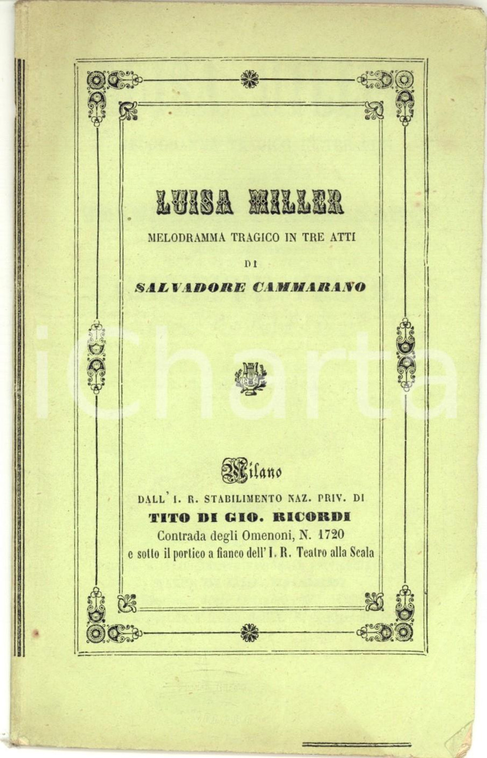 Oggetto da collezione cartaceo 1855 ca Salvadore CAMMARANO Luisa MILLER *Libretto Tito RICORDI RARO 1