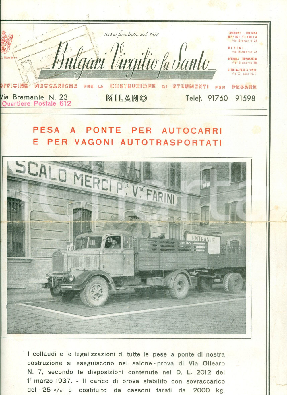 Materiale pubblicitario d’epoca 1949 MILANO Officine meccaniche BULGARI VIRGILIO fu Santo ILLUSTRATO 1