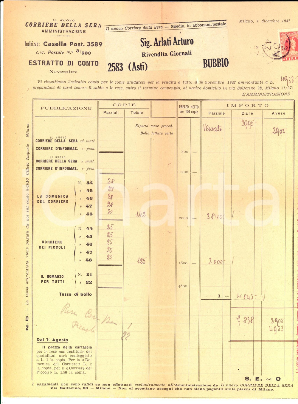 Documento originale, autentico 1947 BUBBIO AT Estratto conto CORRIERE DELLA SERA a rivendita giornali 1