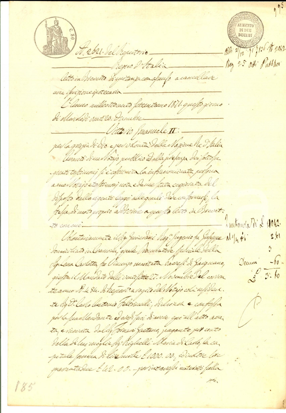 Documento originale, autentico 1871 CREMONA Quietanza a Gaetano FERRARI per saldo debito a Carlotta LENA 1