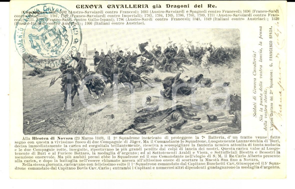 Cartolina originale da collezione 1905 ca Cartolina Reggimento GENOVA CAVALLERIA alla Bicocca *Vittorio MANASSERO 1