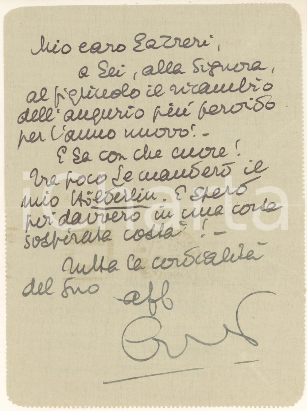 Autografo originale 1939 MILANO Vincenzo ERRANTE promette traduzione HÃ¶lderlin Autografo 1