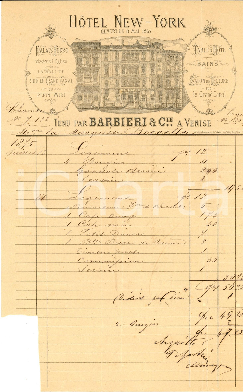 Documento originale, autentico 1875 VENEZIA Hotel NEW YORK  BARBIERI & Cie Fattura intestata 1