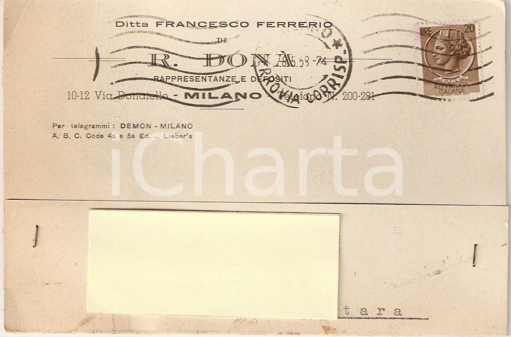 Cartolina originale da collezione 1958 MILANO Ditta Francesco FERRERIO di R. DONA' Depositi *Cartolina Commerciale 1