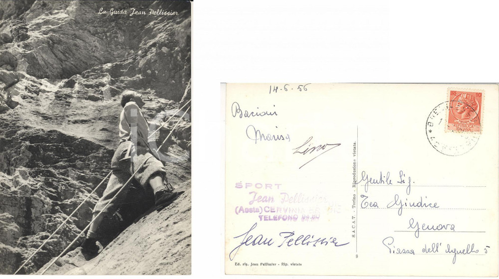 Autografo originale 1956 CERVINIA Guida Jean PELLISSIER in scalata Cartolina con AUTOGRAFO 1