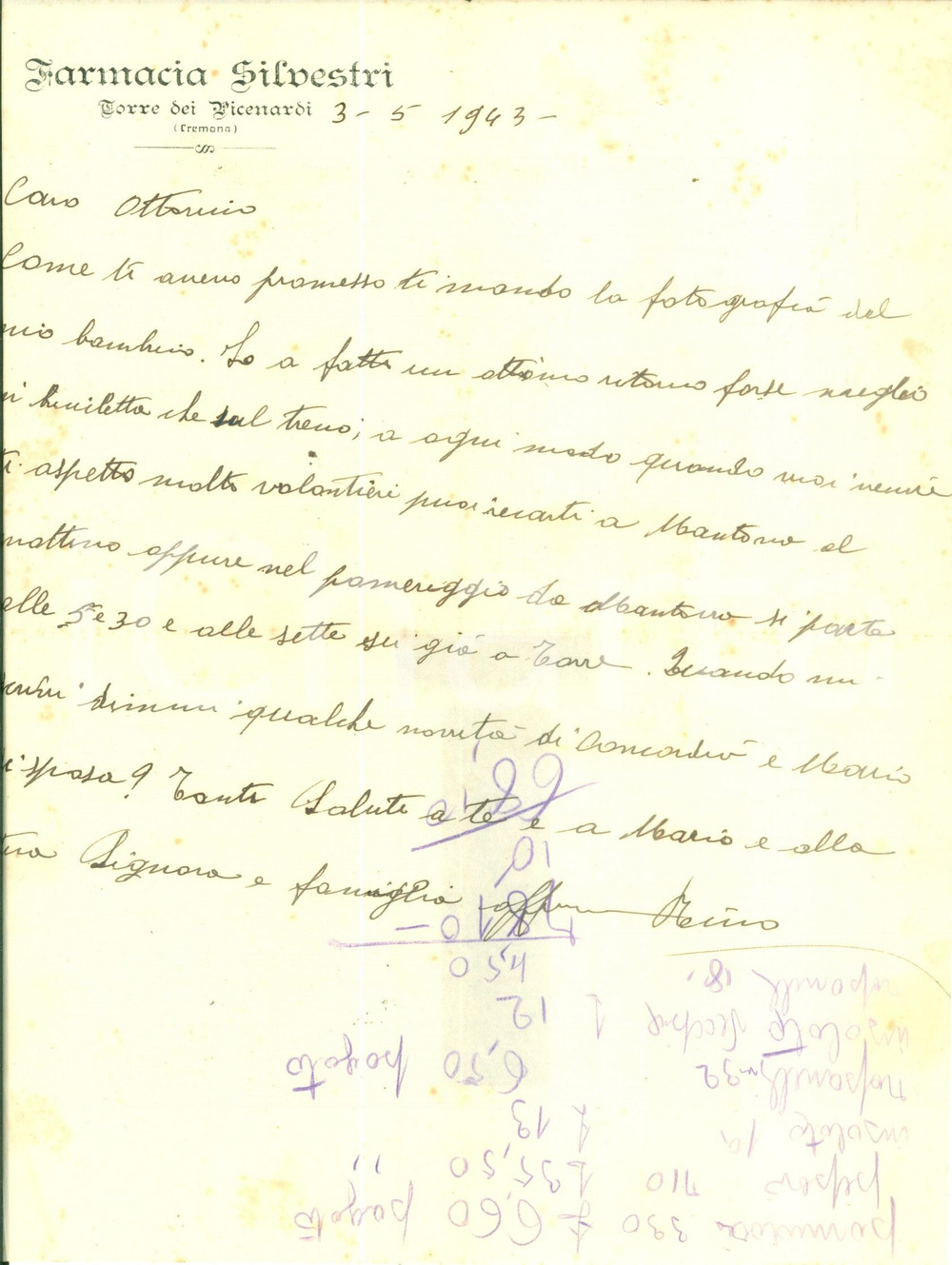 Manoscritto, lettera originale 1943 TORRE DE  PICENARDI CR Farmacia SILVESTRI Lettera su carta intestata 1