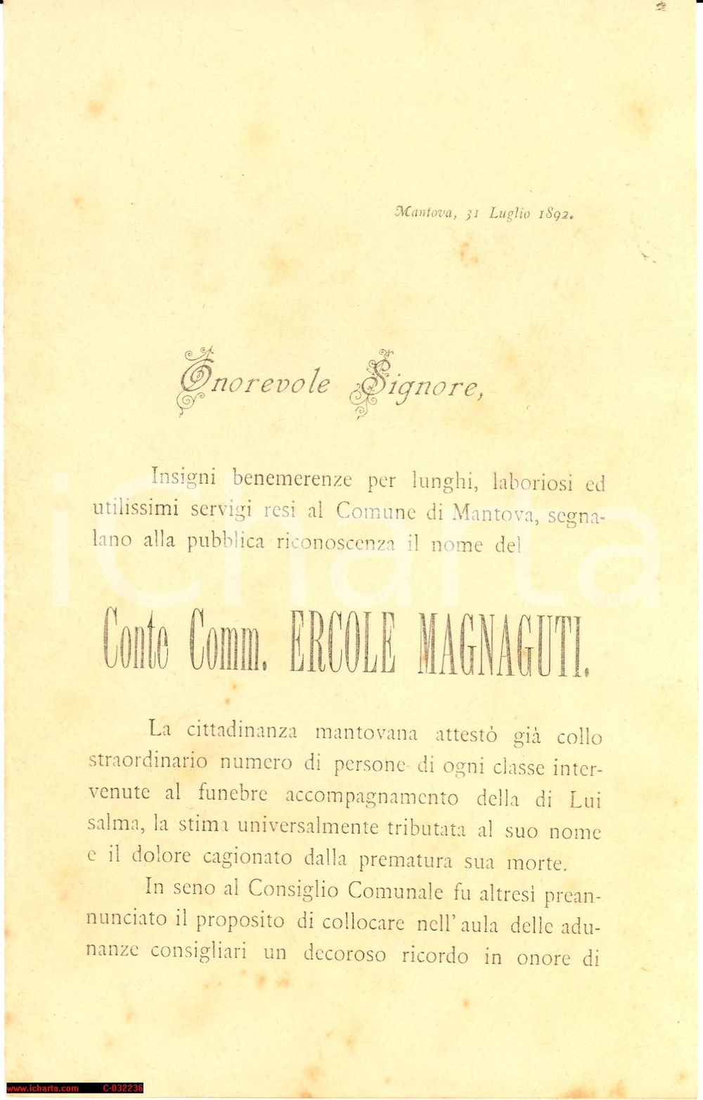 Manoscritto, lettera originale 1892 MANTOVA Sottoscriz. memoria ERCOLE MAGNAGUTI 1