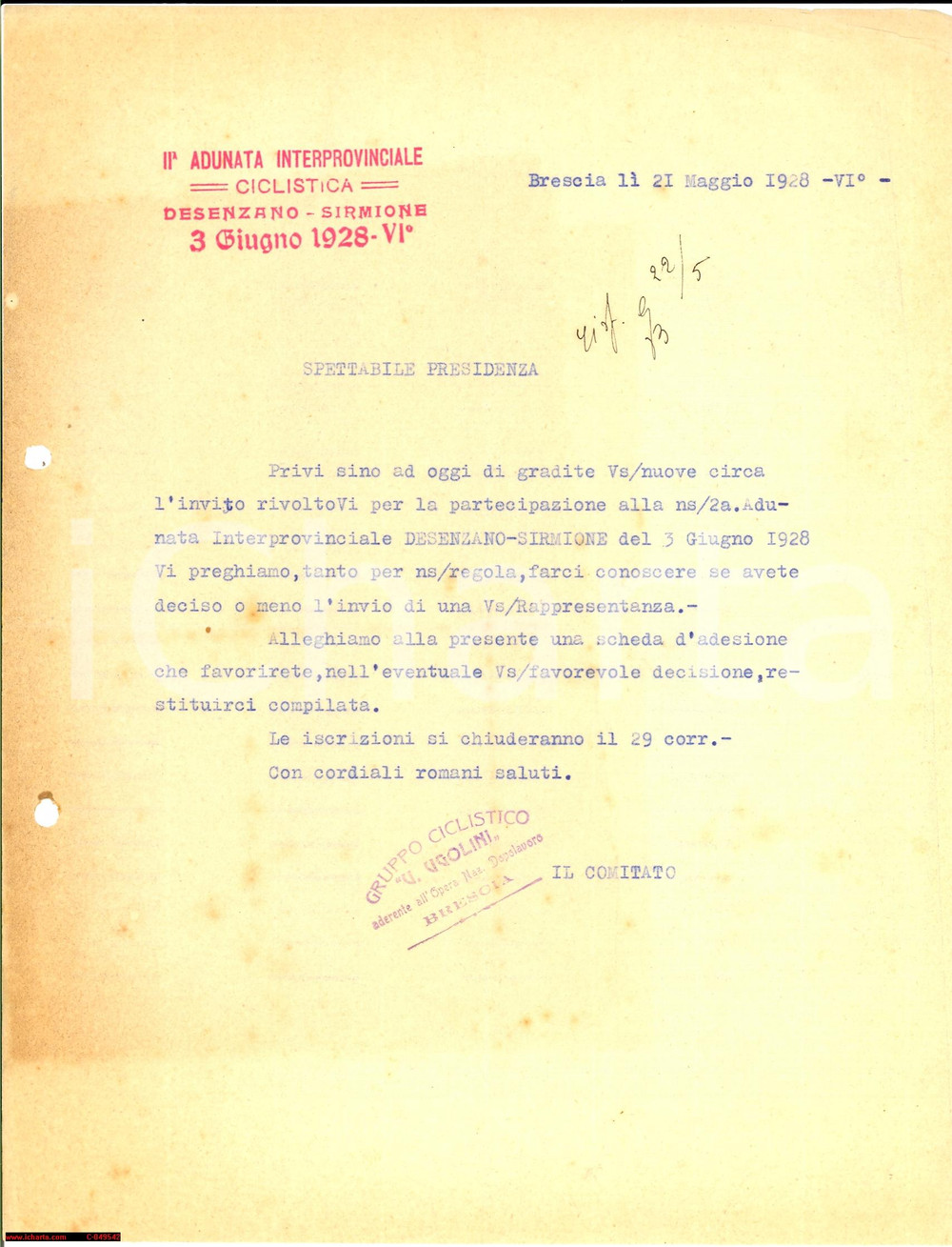 Documento originale, autentico 1928 BRESCIA II Adunata Ciclistica DESENZANOSIRMIONE 1