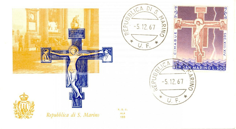 Materiale pubblicitario d’epoca 1967 REPUBBLICA SAN MARINO CIMABUE secoli XIII XIV annullo BUSTA PRIMO GIORNO 1