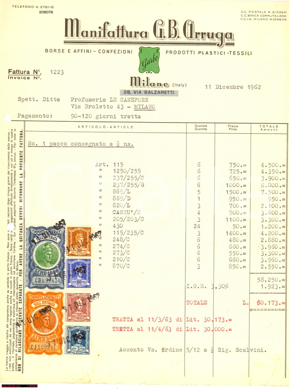 Documento originale, autentico 1962 MILANO Borse e accessori Manifattura G. B. ARRUGA  Fattura 1