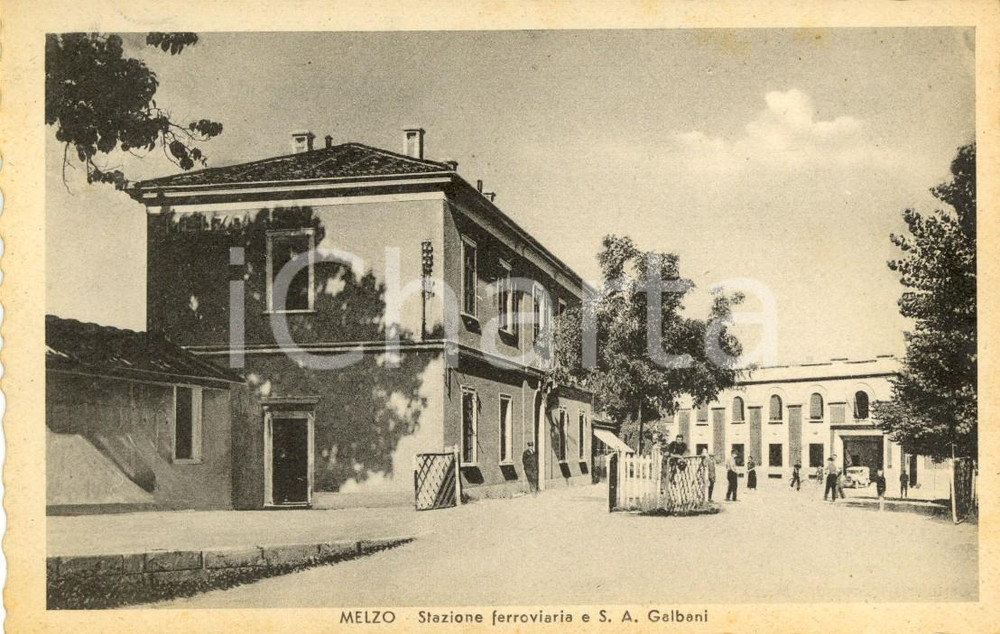 Cartolina originale da collezione 1942 MELZO (MI) Veduta stazione ferroviaria e S.A. GALBANI *Cartolina ANIMATA NV 1