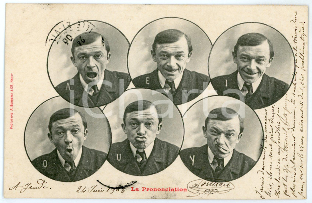 1903 FRANCE HUMOUR La prononciation - Voyelles *Postcard  Cartolina postale d'epoca, viaggiata.EDITORE: A. Bergeret - Nancy GOOD/buono  Formato: 14x9 cm originale e autentica 1