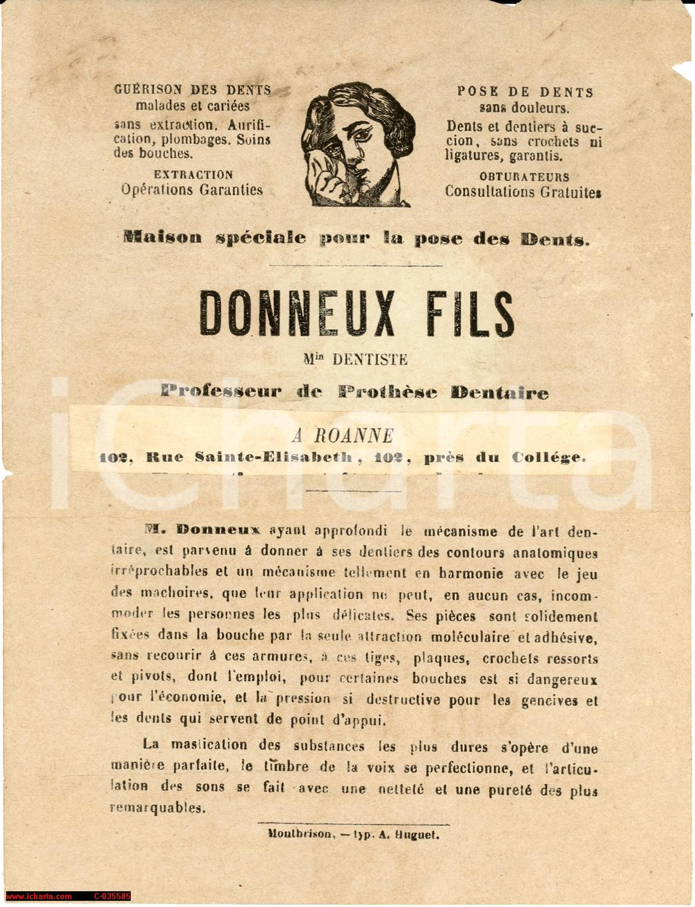 Oggetto da collezione cartaceo 1880? DONNEUX FILS Protesi dentarie  volantino 1