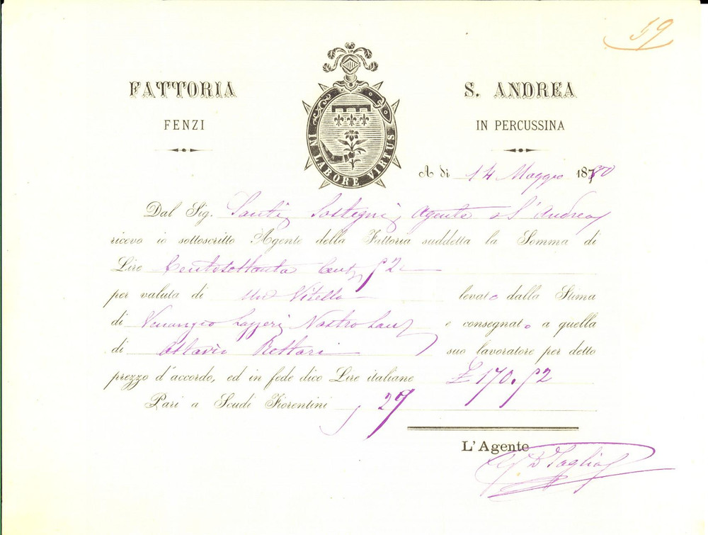 Documento originale, autentico 1880 SANT ANDREA IN PERCUSSINA FI Fattoria FENZI  Ricevuta per vitello 1