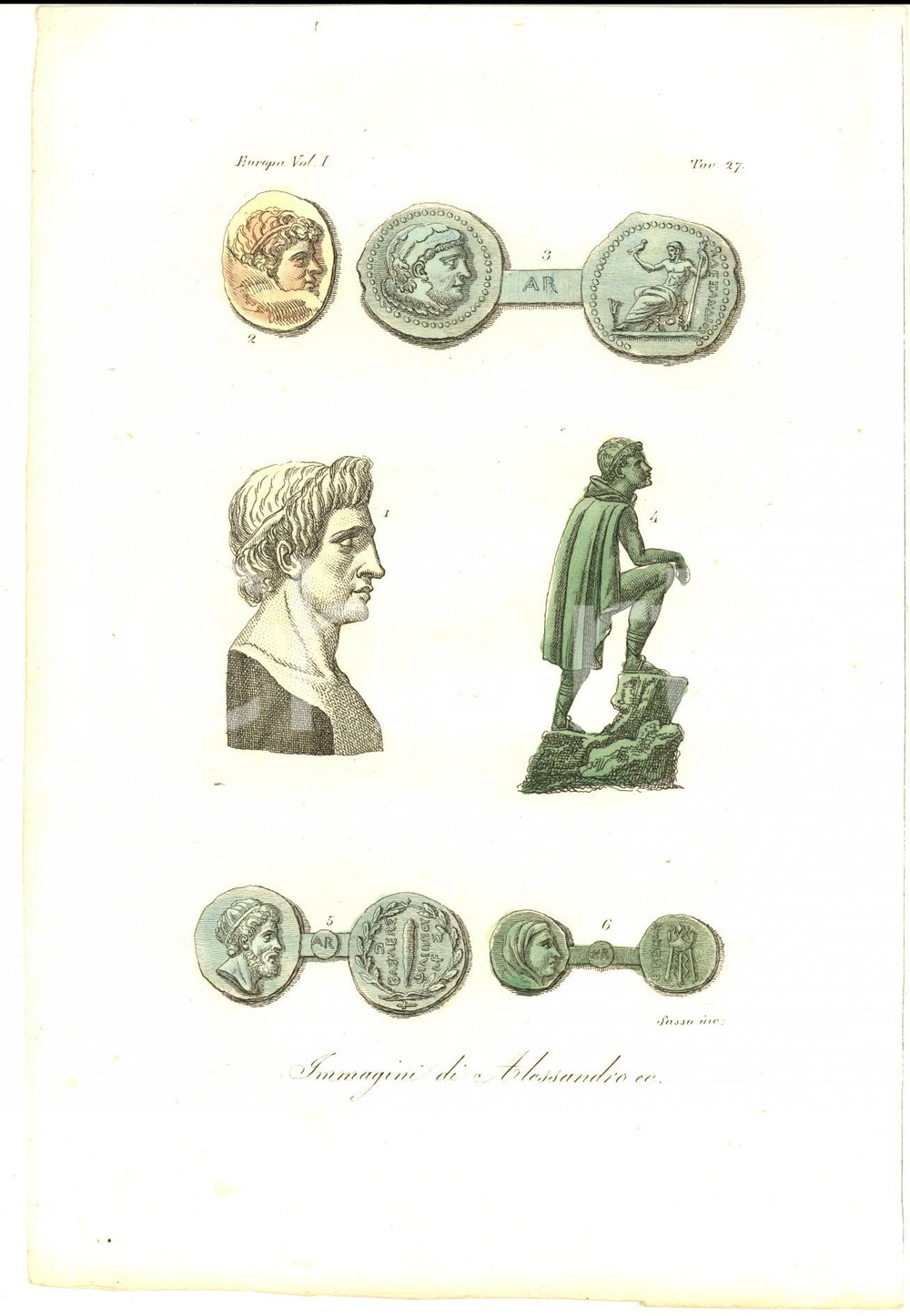 Stampa, bozzetto originale 1823 FERRARIO COSTUME EUROPEO Immagini di Alessandro Inc. SASSO Colorata a mano 1