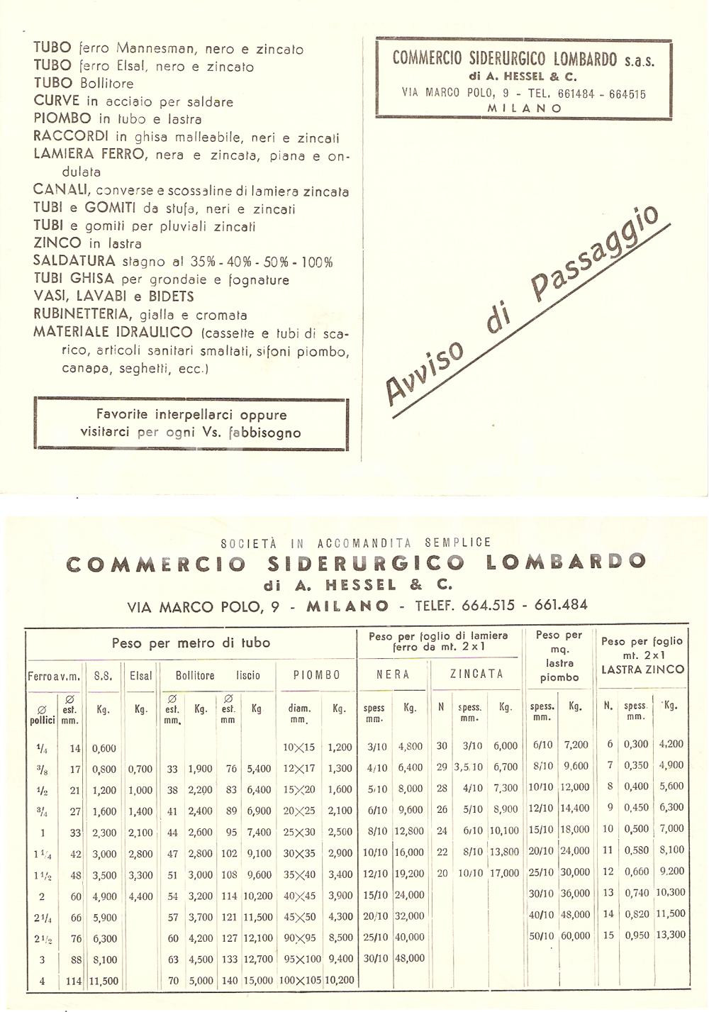 Cartolina originale da collezione 1955 ca MILANO Commercio Siderurgico Lombardo A. HESSEL *Cartolina pubblicitaria 1