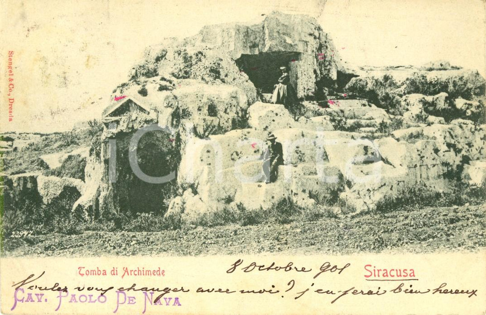 Cartolina originale da collezione 1901 SIRACUSA La tomba di ARCHIMEDE - Cavaliere Paolo DE NAVA *Animata FP VG 1